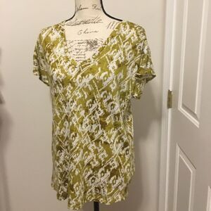 Pendleton Womens Small 100%‎ Linen V-Neck Ikat Print Top Chartreuse Green White